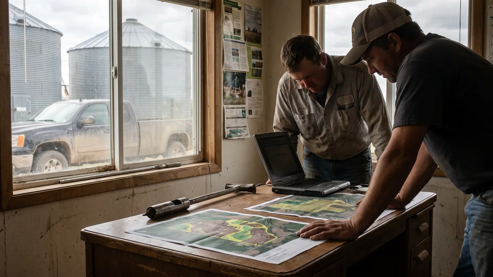Agronomist in a co-op office reviewing printed field maps with a grower, grain bins visible through the window