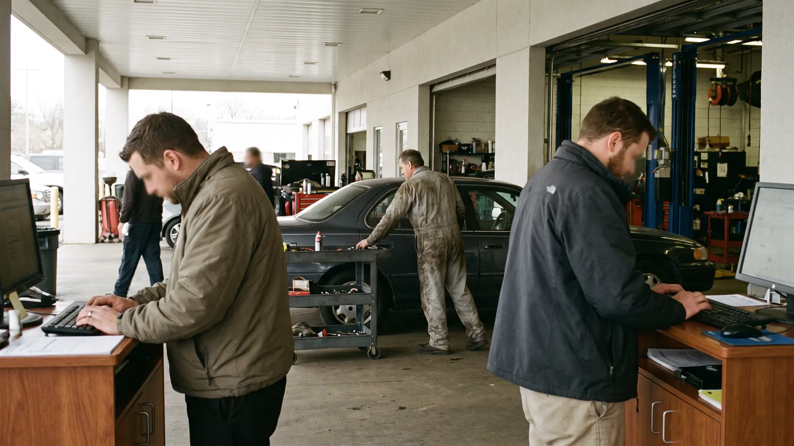Service advisors at a dealership service drive writing up vehicles beside open service bays