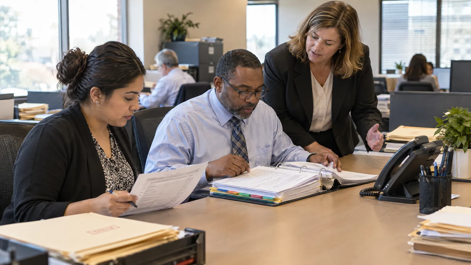 Two operations specialists at desks checking a printed checklist against a thick procedures binder, a manager answering a