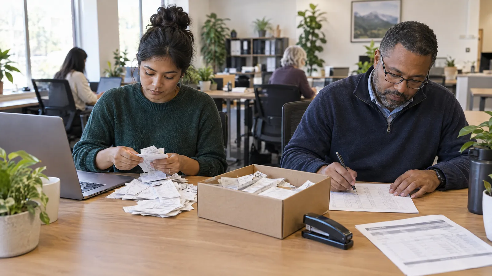 Two bookkeepers at a shared desk sorting a pile of paper receipts beside a laptop, one ticking items off a printed list