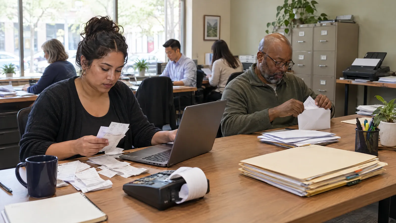 A bookkeeper matching a stack of paper receipts against a laptop while a colleague opens mail with envelopes of bank