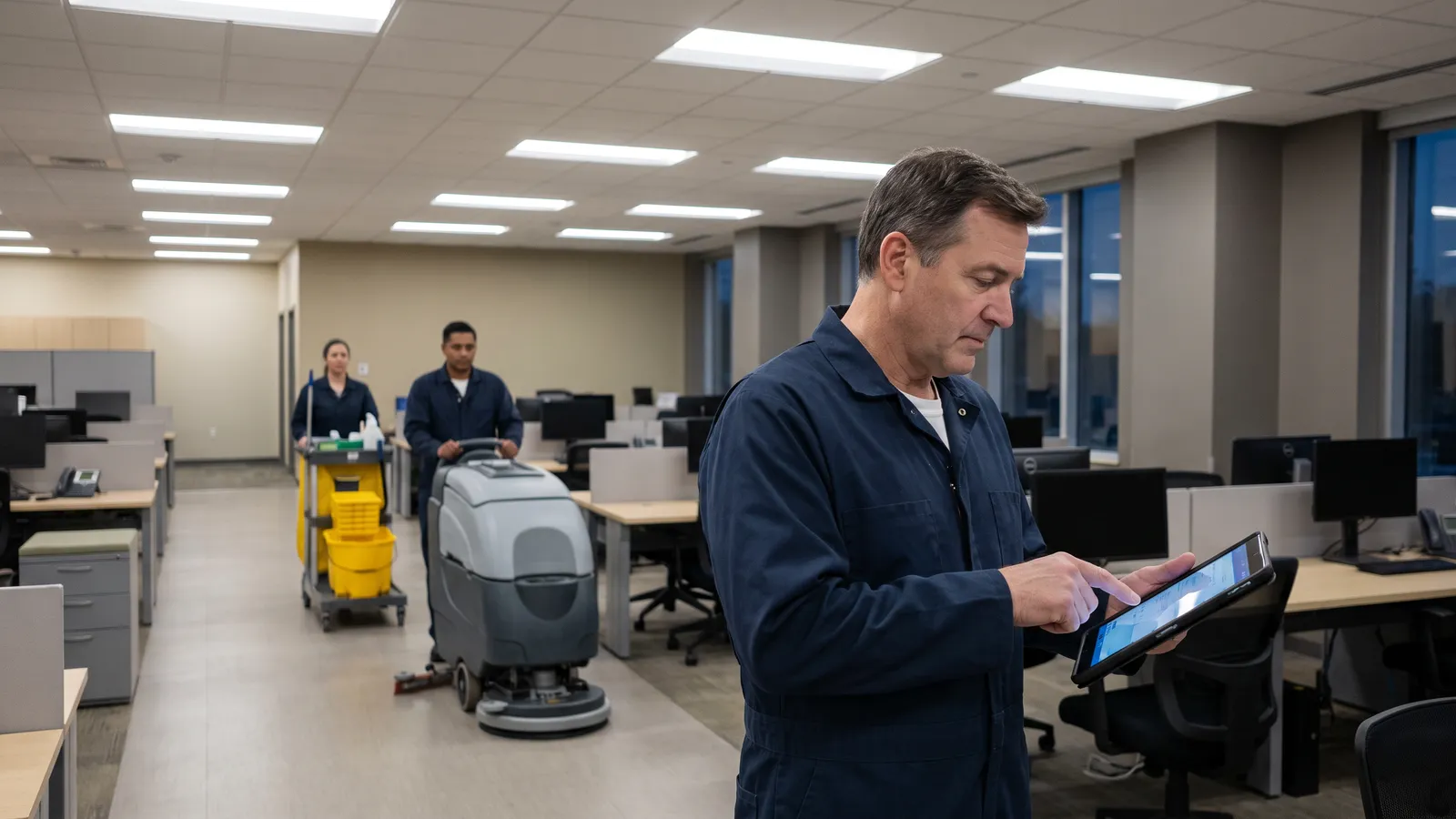 Night cleaning crew supervisor checking an inspection list in an empty office corridor