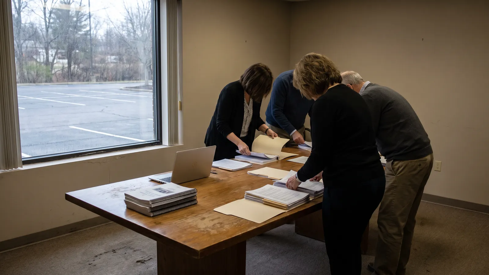 Association staff preparing a committee meeting packet around a conference table