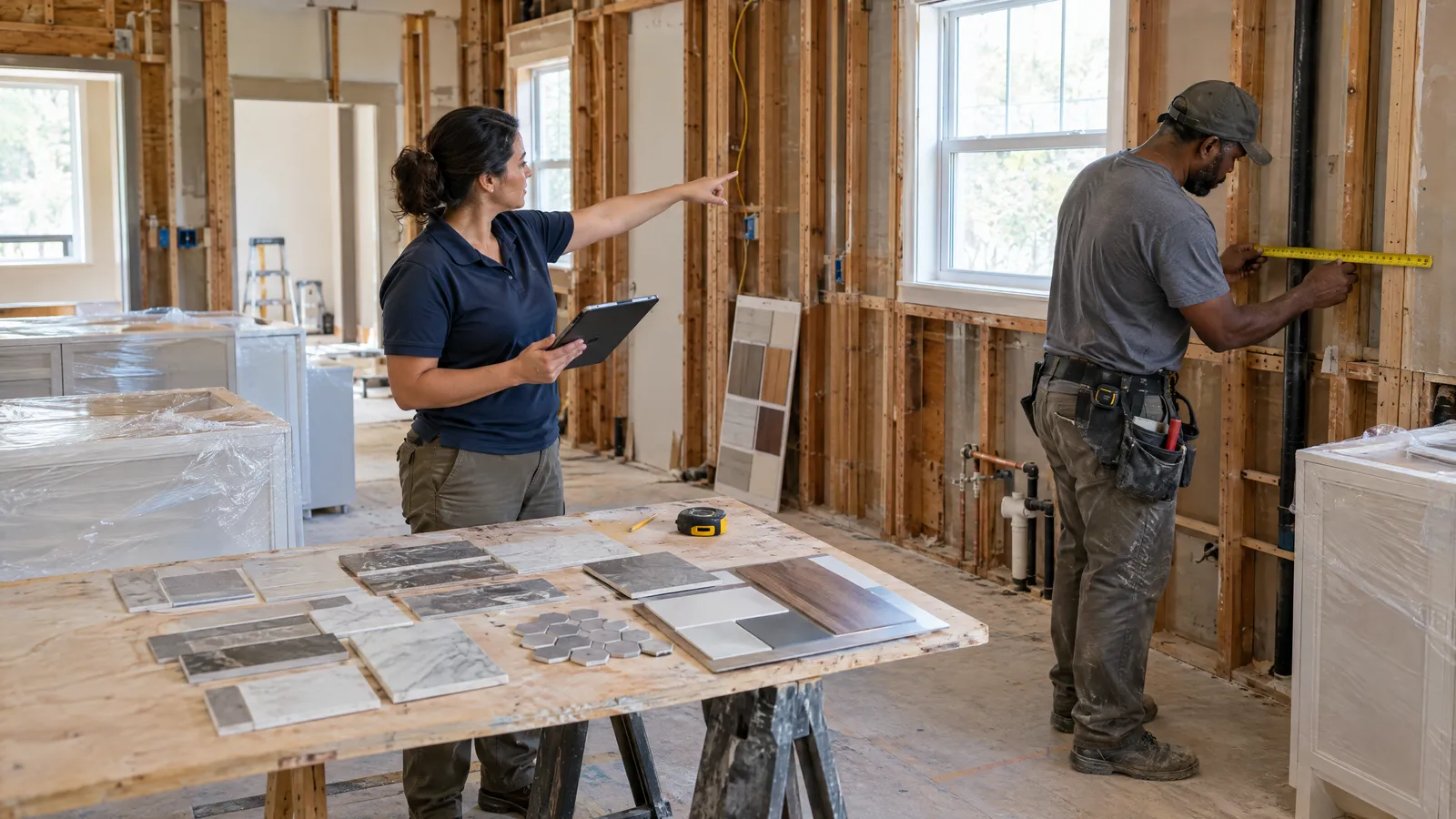 A remodeling project manager holding a tablet and pointing at a wall while a lead carpenter measures