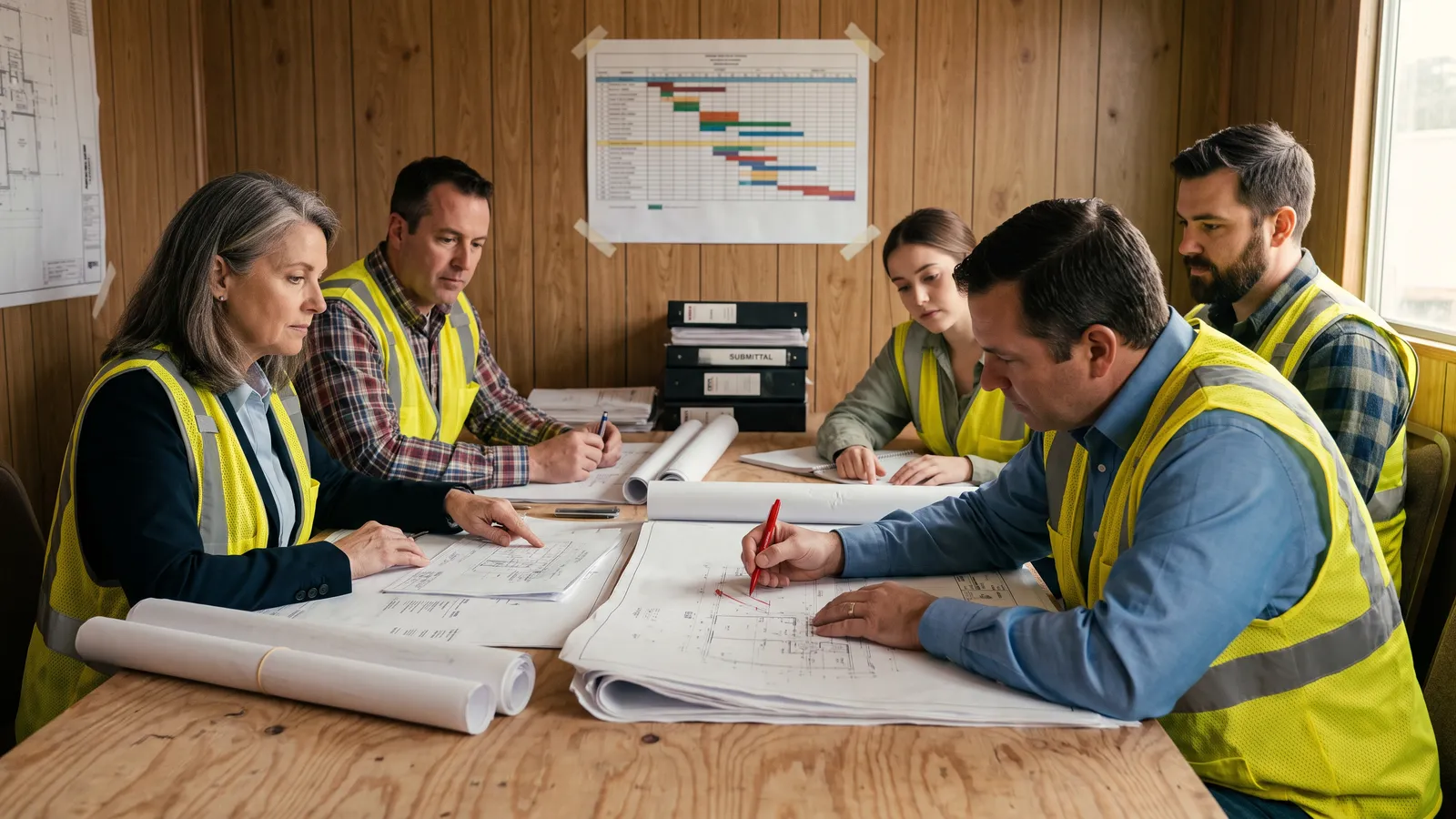 Commercial project team meeting over drawings in a jobsite conference trailer
