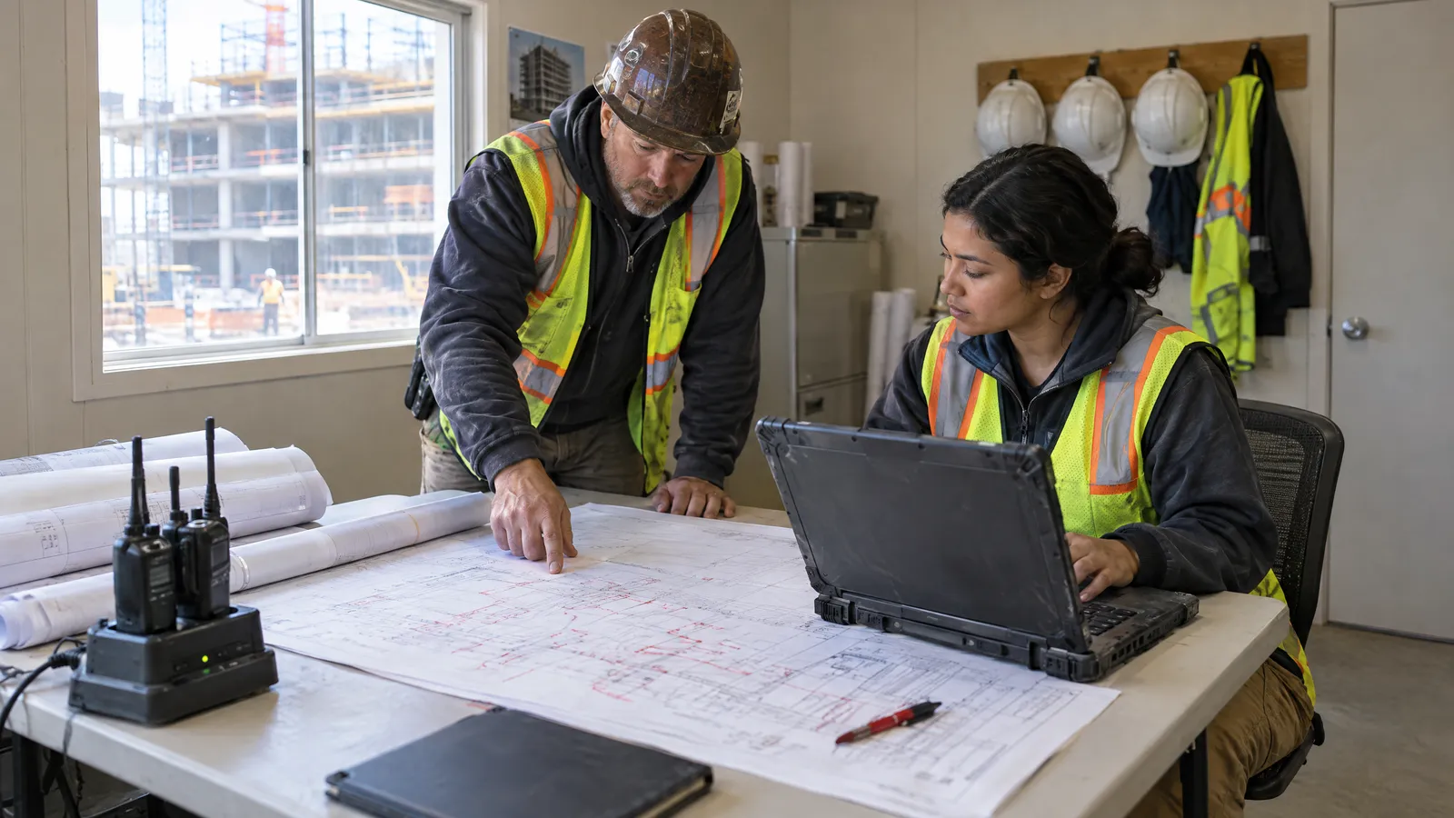 A superintendent and a project engineer reviewing a printed drawing sheet while one types on a rugged laptop