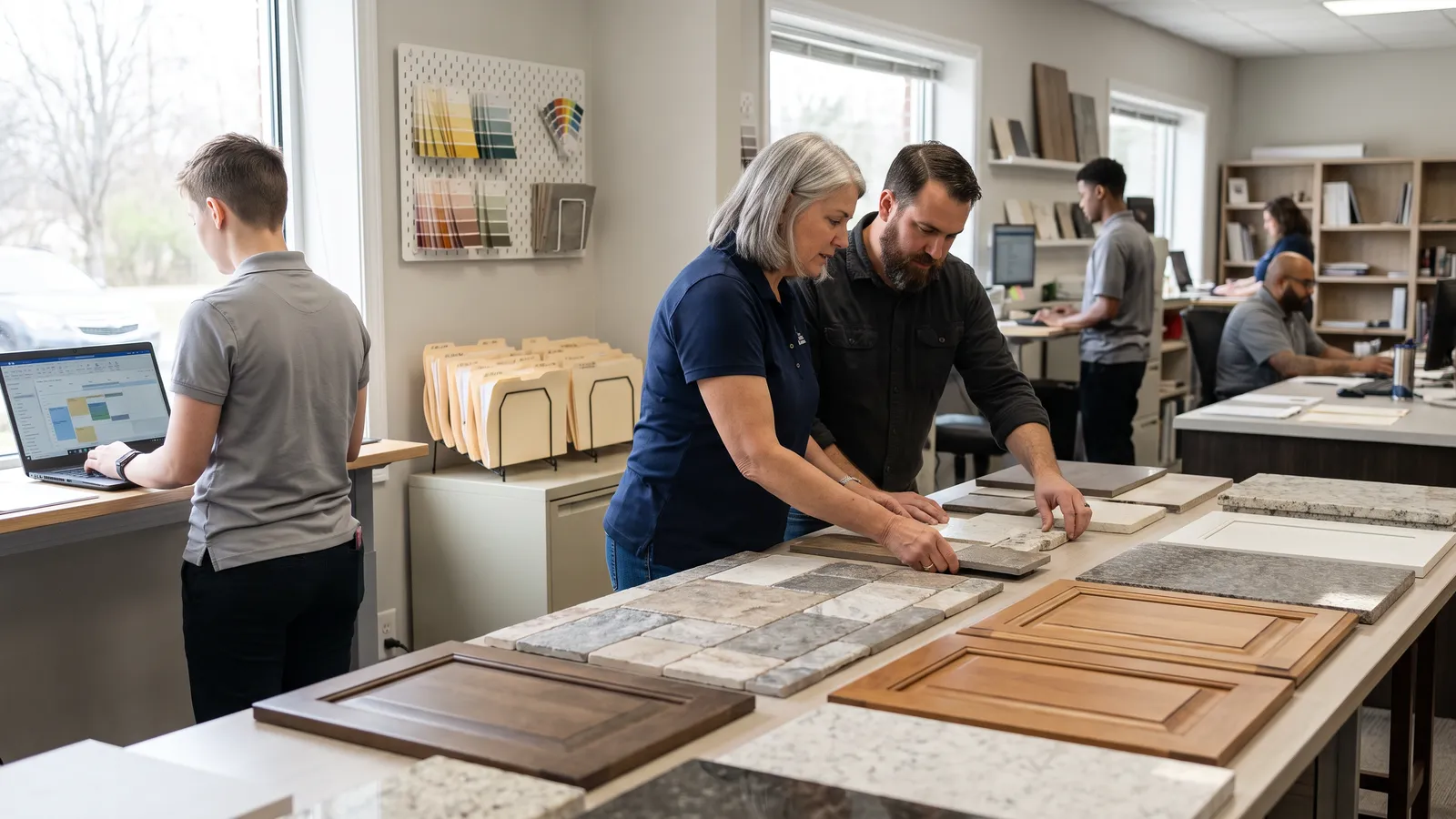 Remodeling project manager and designer laying out finish samples on a showroom table