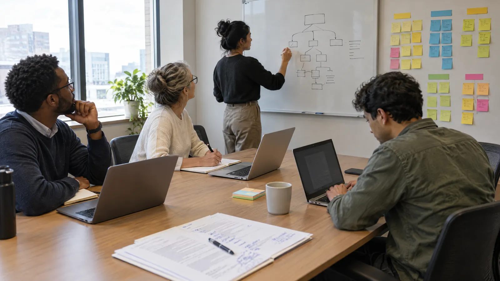 Consultants around a project table with laptops while one sketches an issue tree on a whiteboard