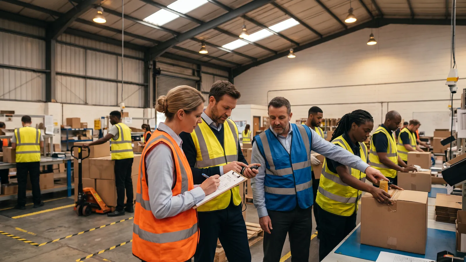 Operations consultants timing a process on a warehouse floor with clipboards