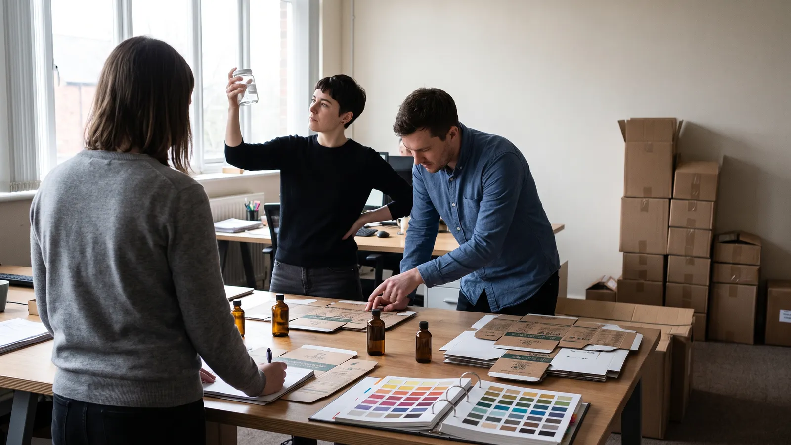 Brand team comparing printed packaging proofs and product samples spread across a long office table