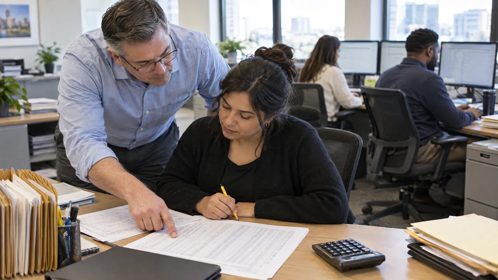 A senior accountant leaning over a staff accountant's desk pointing at a printed schedule, two others at dual monitors in