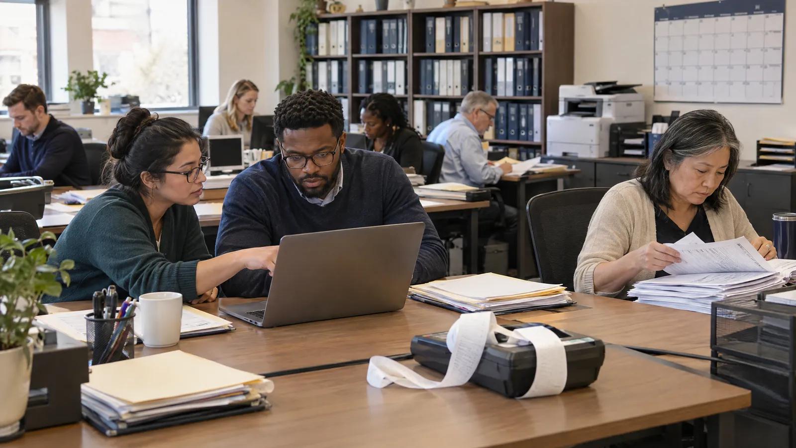 Two accountants at a shared desk discussing a client email on a laptop while a third flips through a stack of tax forms