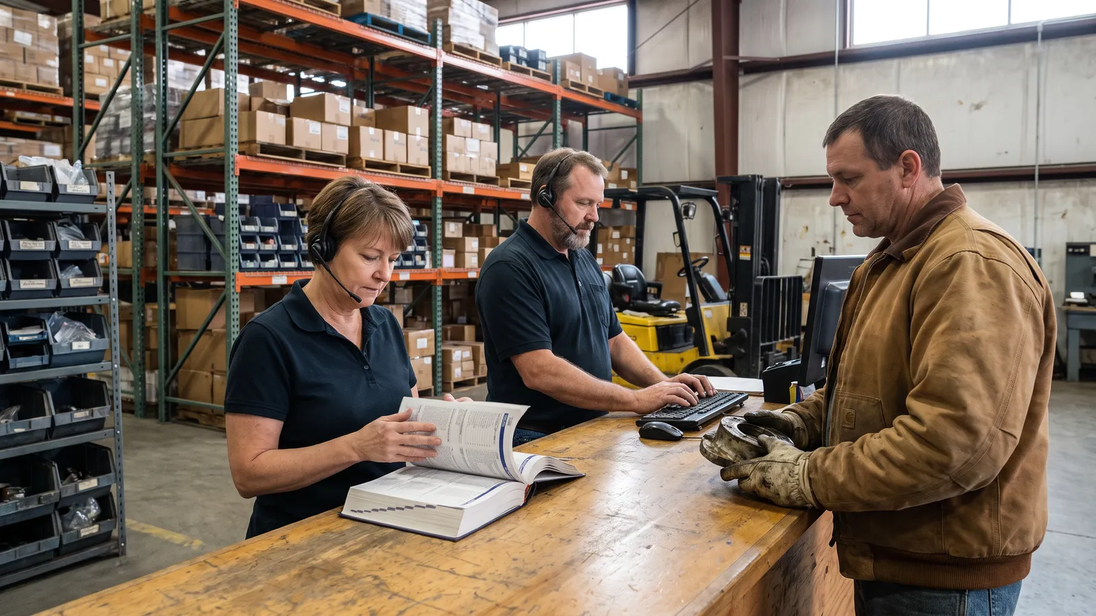 Inside sales staff at a distributor's parts counter with a thick catalog open and racked warehouse aisles behind them