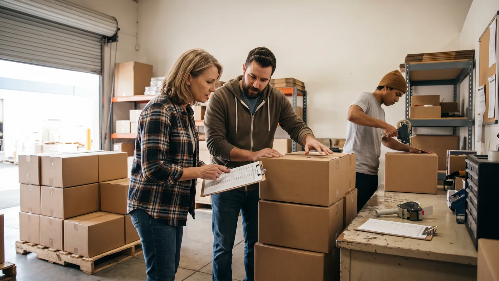 Marketplace seller team planning an inbound shipment beside stacked cartons