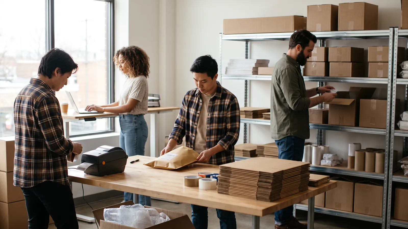 DTC brand team packing an order and replying to a customer message in a small studio
