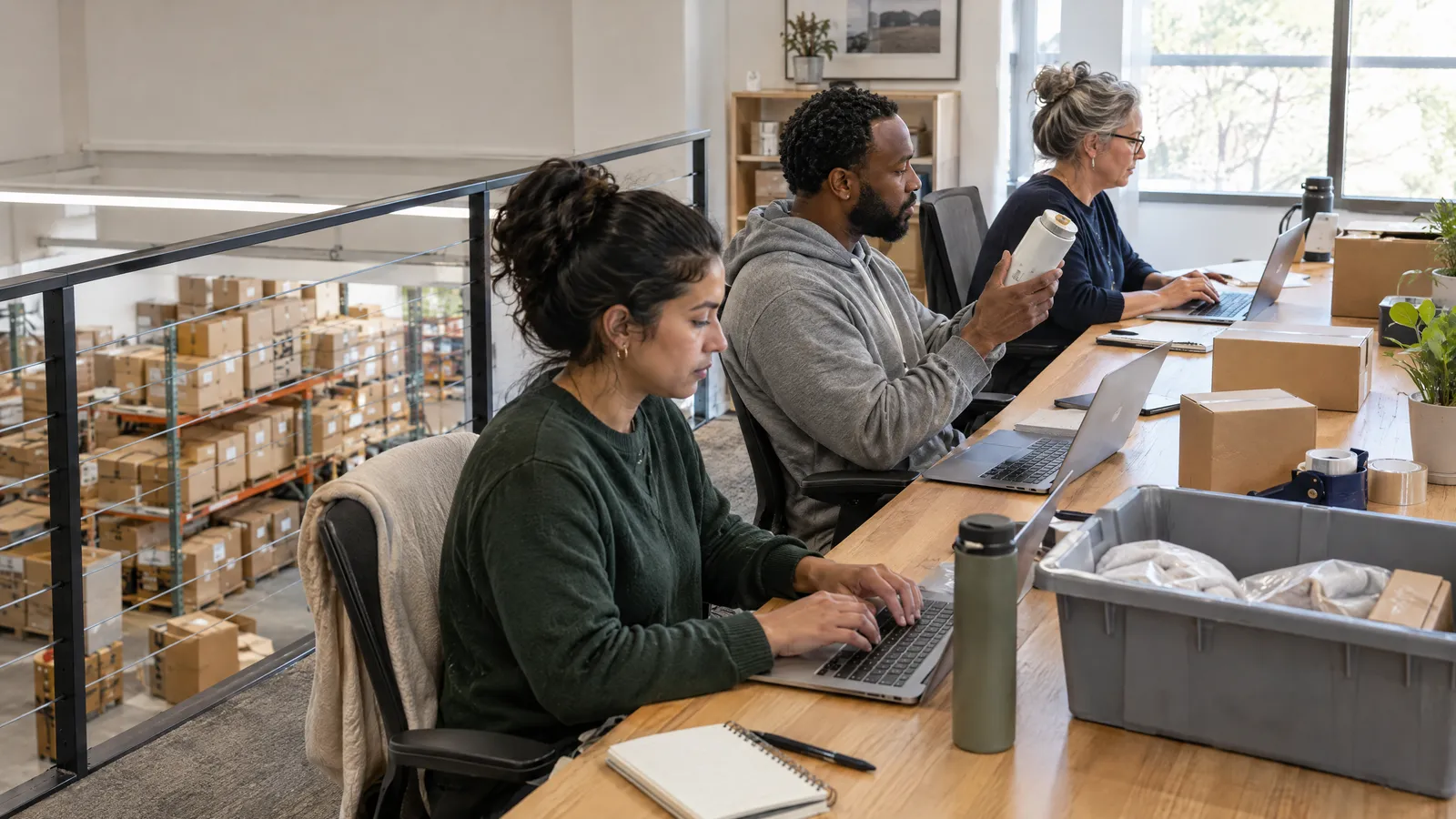 Three customer support agents on laptops replying to messages while one holds up a returned product to check it
