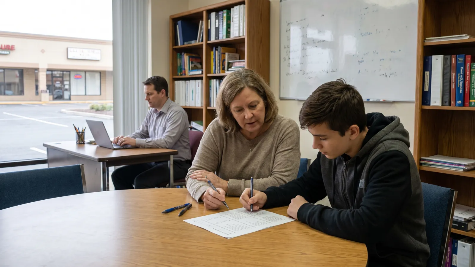 Tutor and teenage student at a small table working through a printed worksheet with a pencil