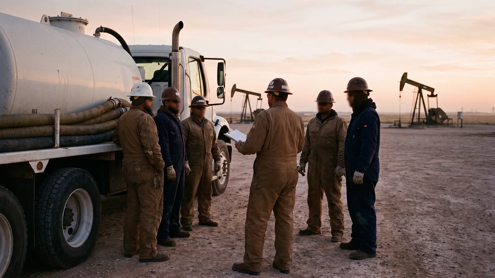 Oil field service supervisor reviewing a job safety sheet with a crew beside a pump truck at dawn