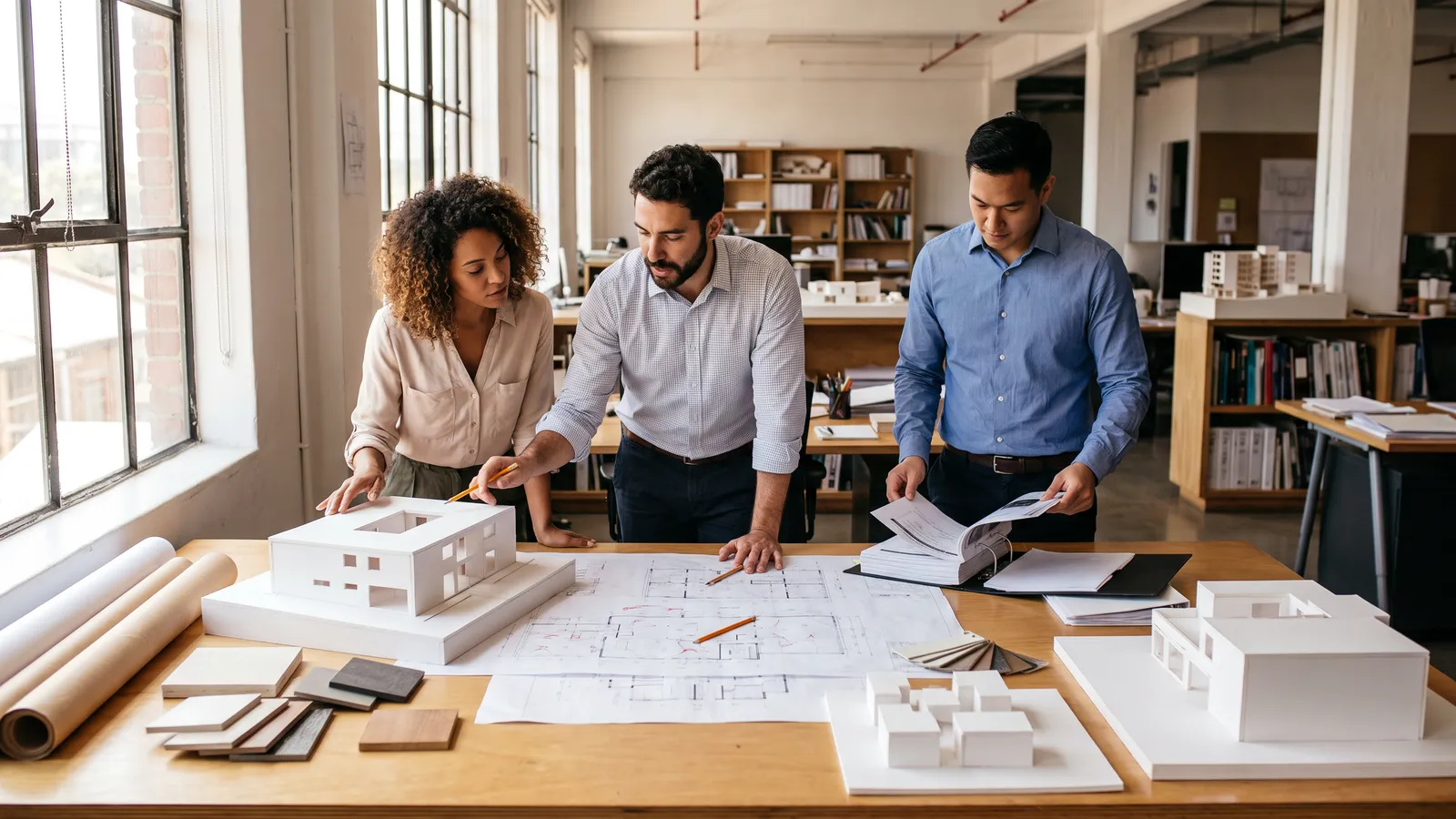 Architects reviewing a physical model and marked-up plans in a studio