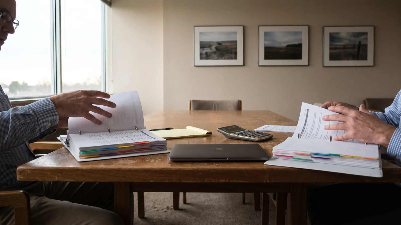 Two advisors at a meeting table reviewing a printed planning binder with tabbed sections