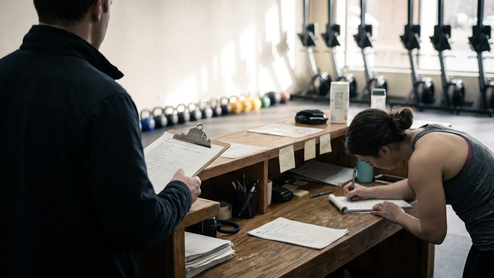Studio manager at the front desk going through printed class schedules after a morning session