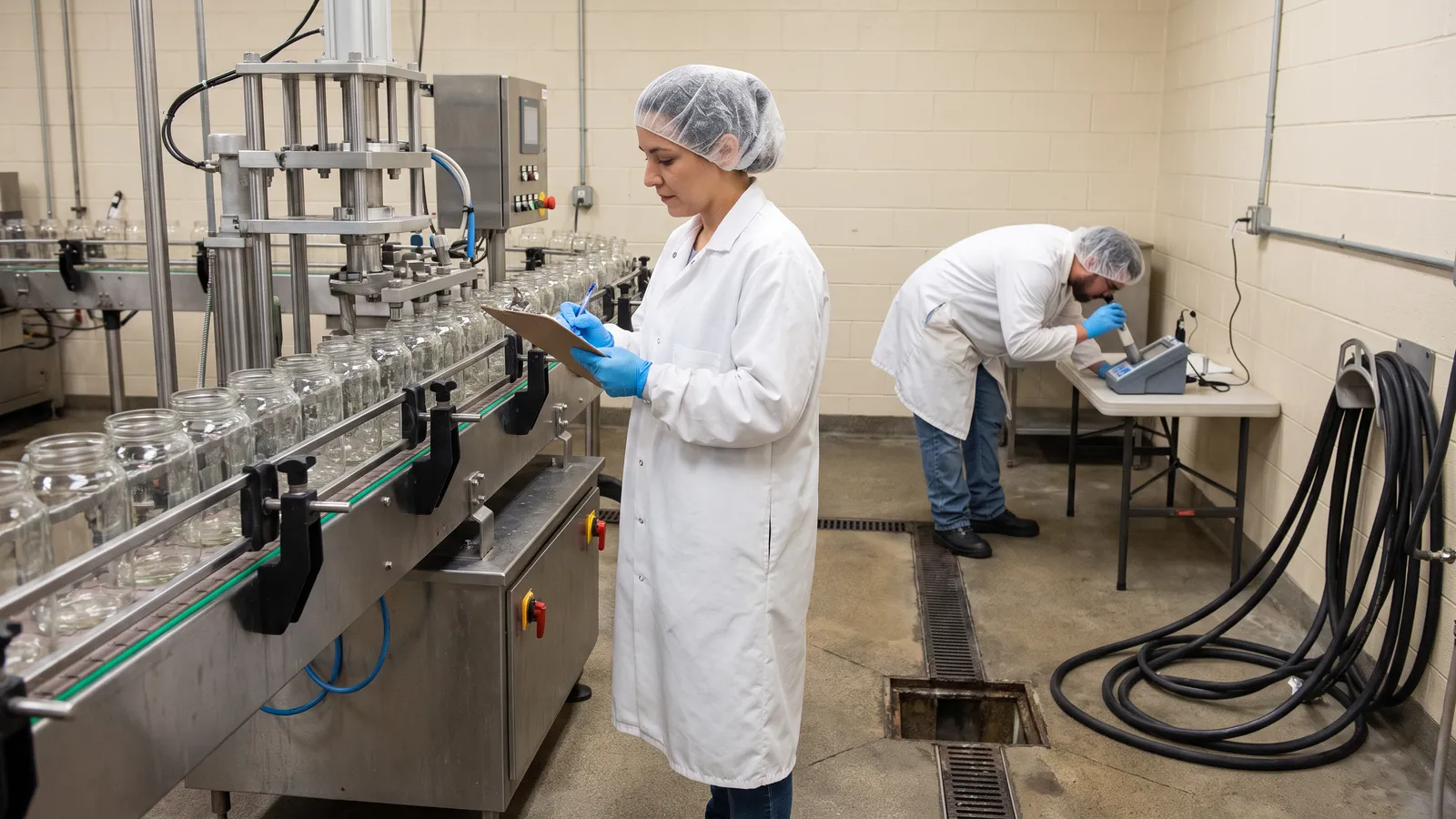 Quality technician in a hairnet checking a clipboard beside a stainless filling line in a small food plant