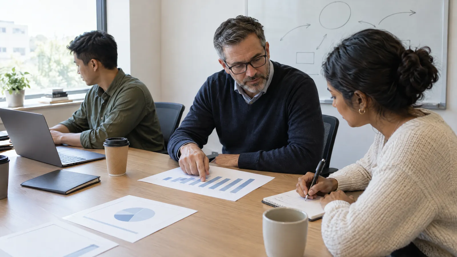 The CFO pointing at a printed chart of bars with no labels while a founder takes notes, a second analyst with a laptop