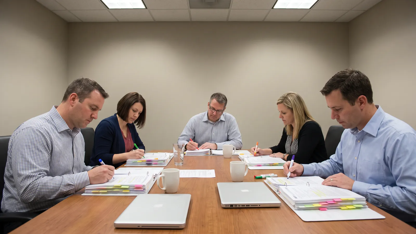 Proposal team around a conference table marking up thick printed binders during a review session
