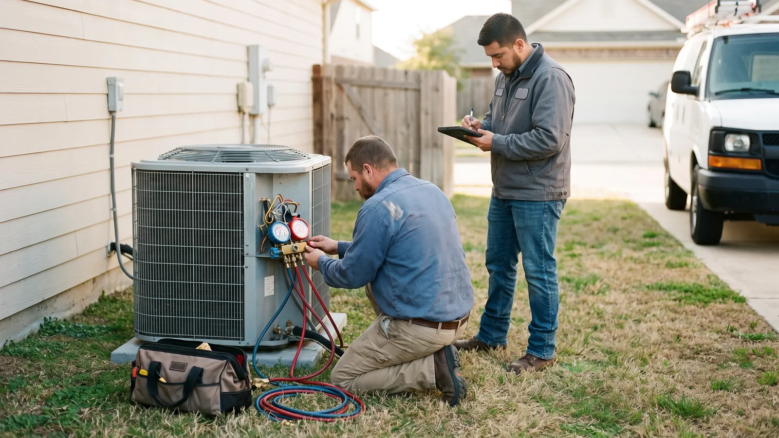 HVAC technician writing up a service ticket beside an outdoor condenser unit