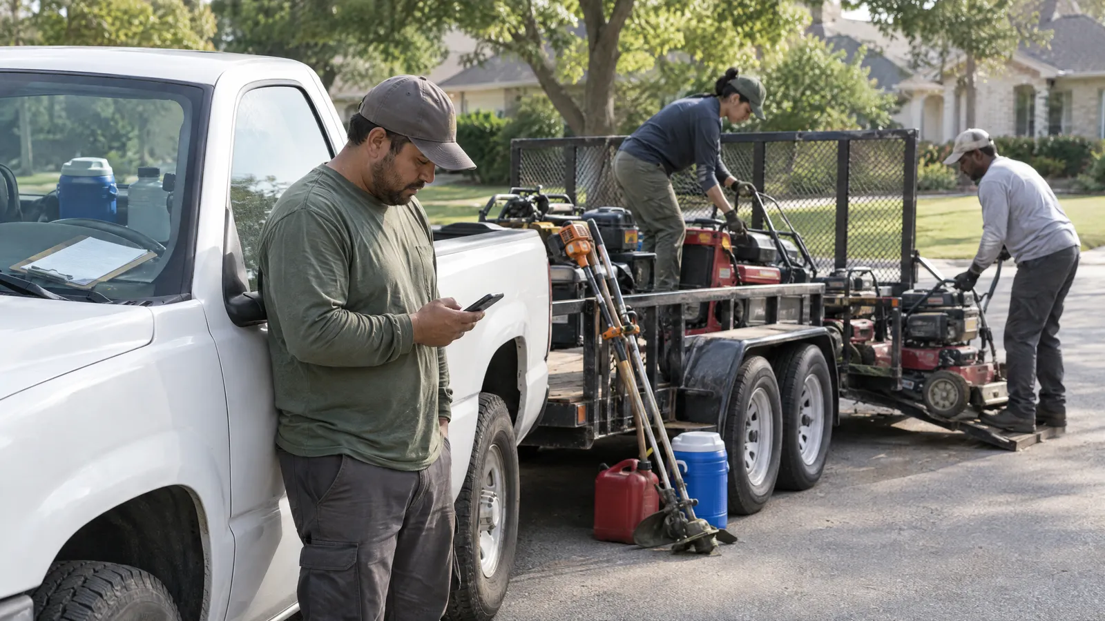 A crew lead looking at a phone while two crew members unload equipment