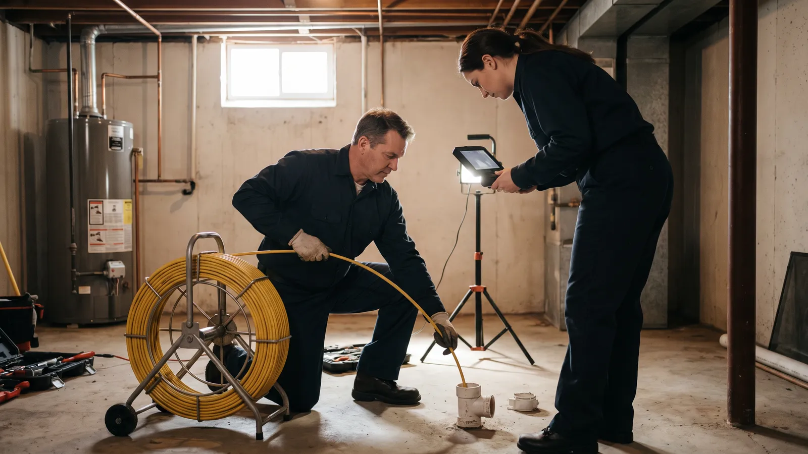 Plumber showing a homeowner a sewer camera feed on a handheld monitor in a basement