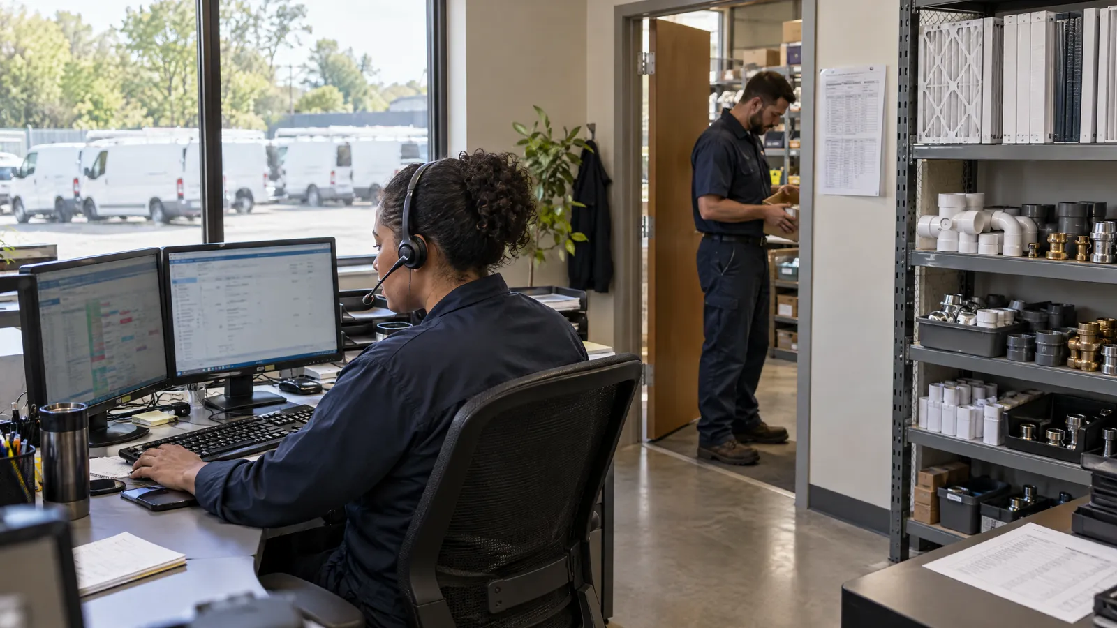 A dispatcher on a headset at two monitors while a technician in the doorway checks a part box