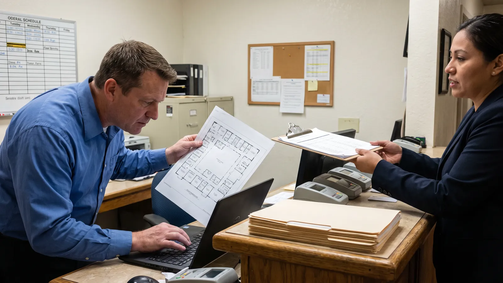 Hotel sales manager at a back-office desk with a printed banquet floor plan