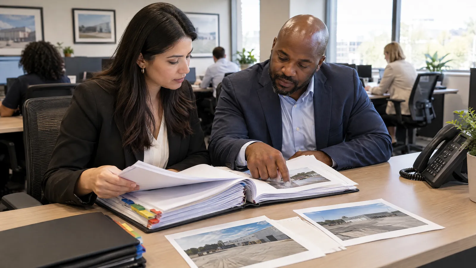An account manager and a producer at a desk going through a thick printed application packet with tabbed loss runs, the