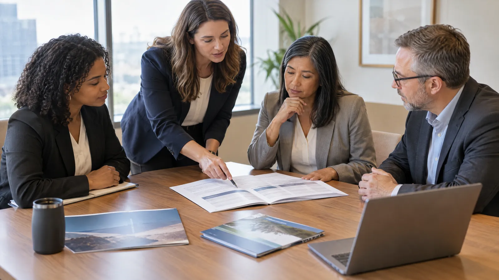 A benefits consultant walking an HR director and a CFO through a printed comparison of plan options with blank tables