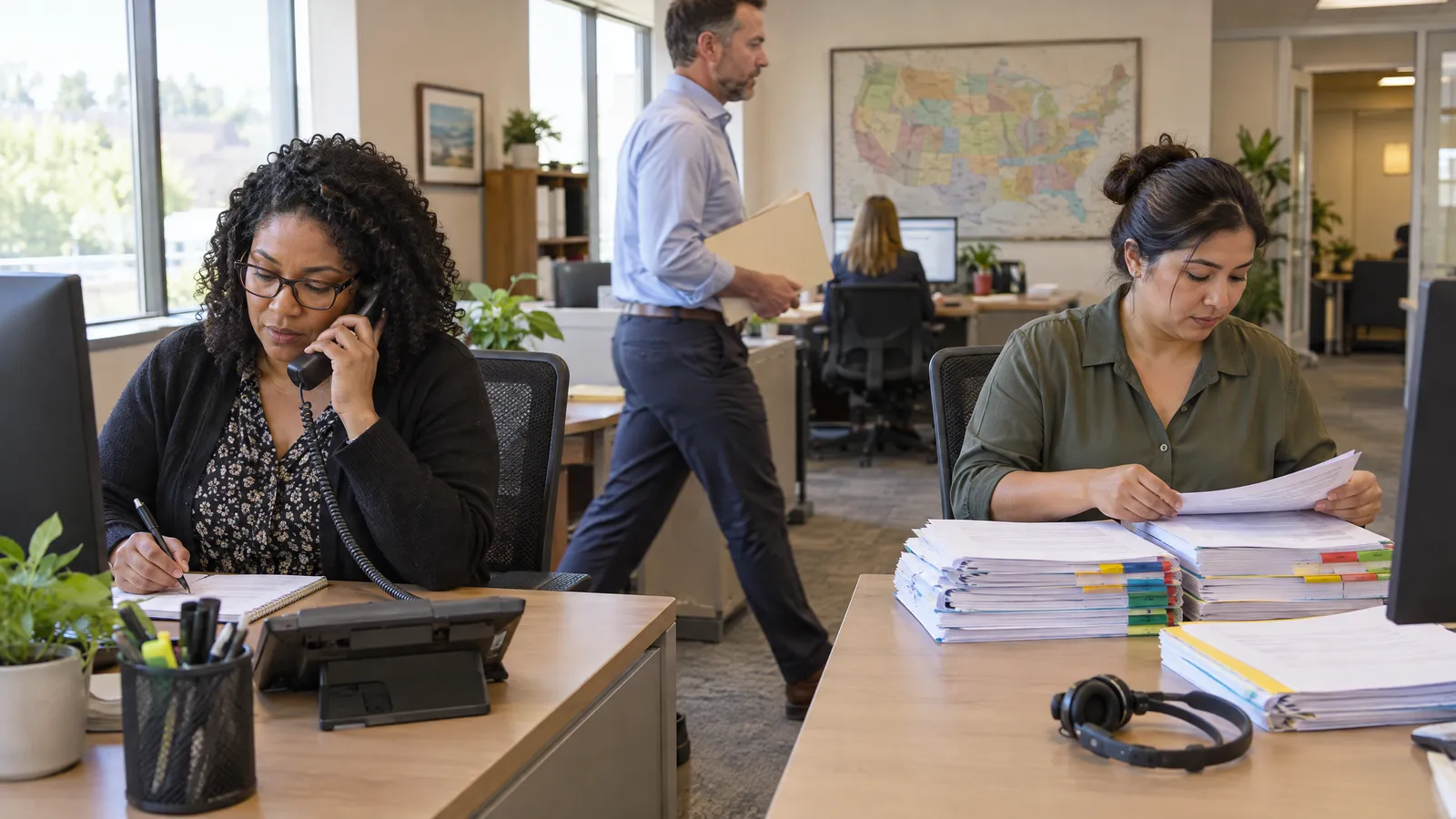Two account managers at side-by-side desks, one on a phone call taking notes, the other sorting printed renewal packets, a