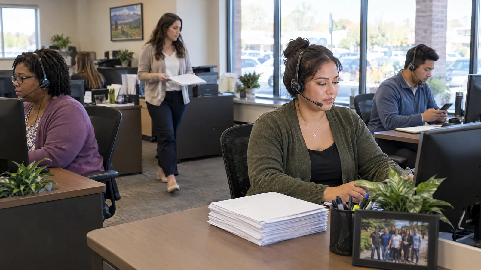 Three customer service reps on headsets at desks, one texting on a work phone, one walking a printout to a colleague