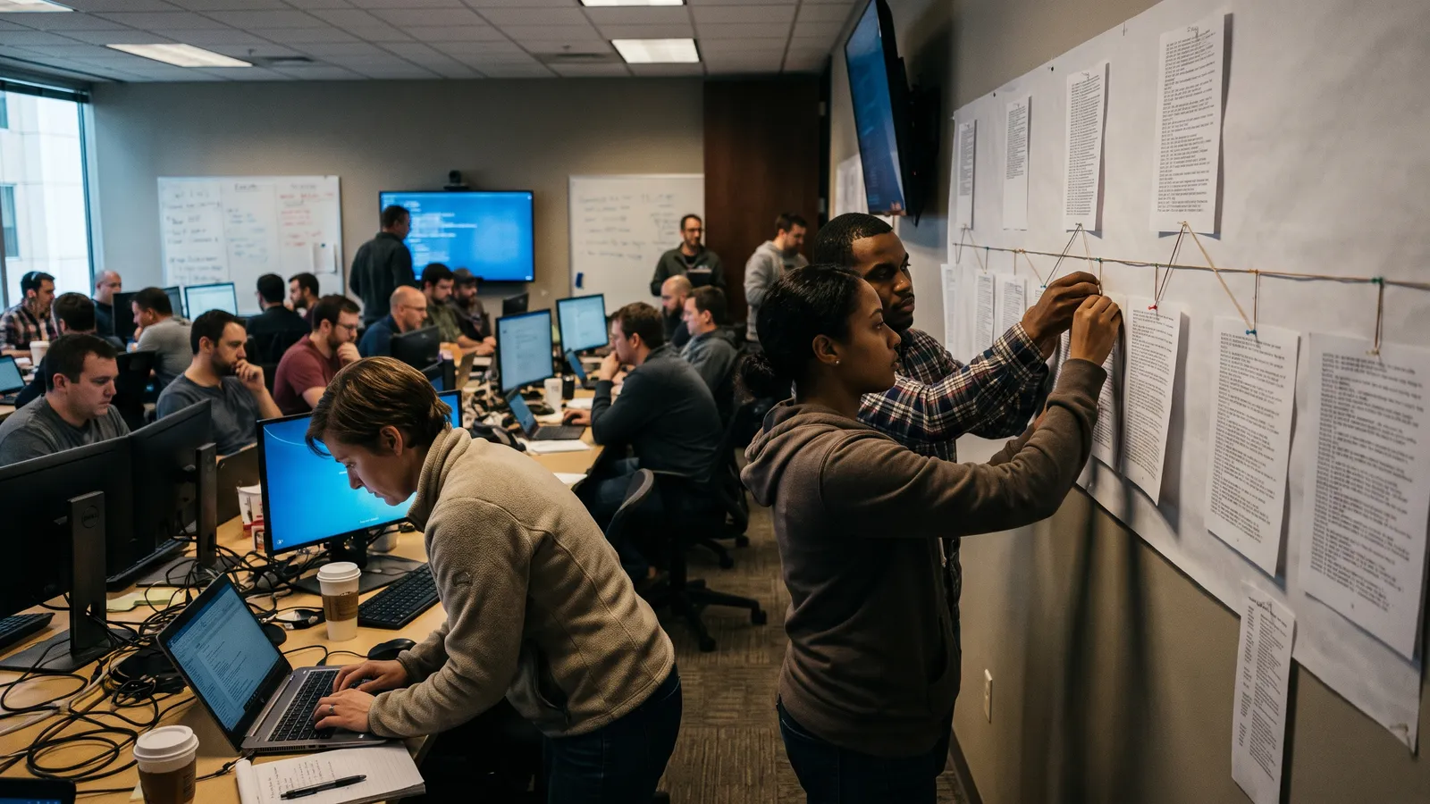 Security analysts reviewing an incident timeline on a printed wall chart