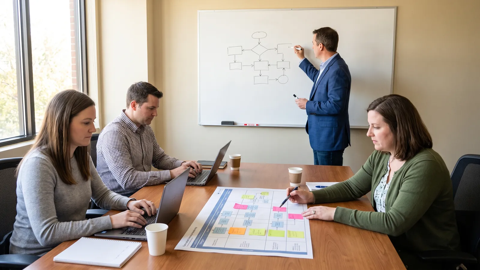 Implementation consultants running a requirements workshop in a client meeting room