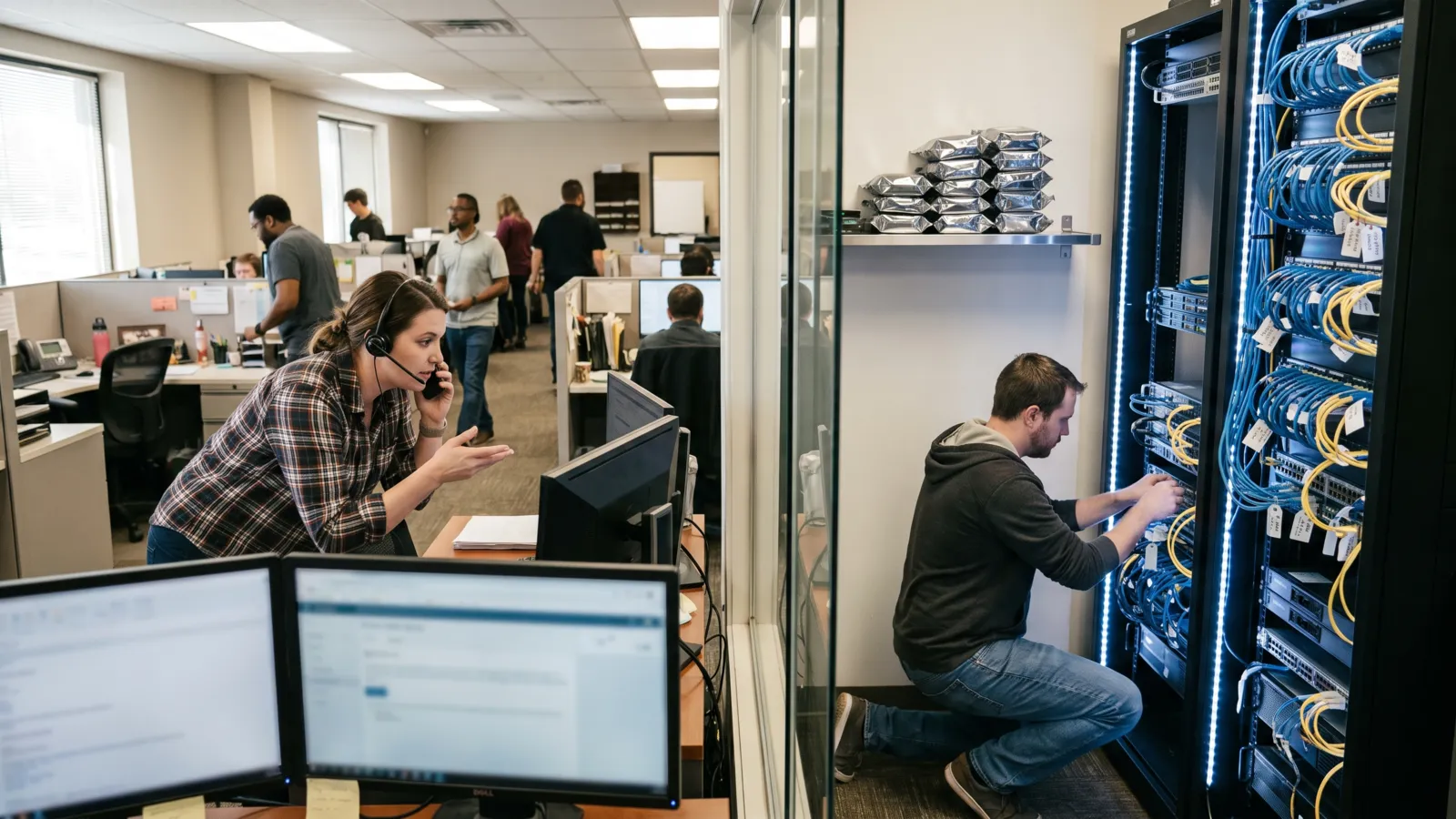 MSP technician on a remote support call while a colleague checks a server rack