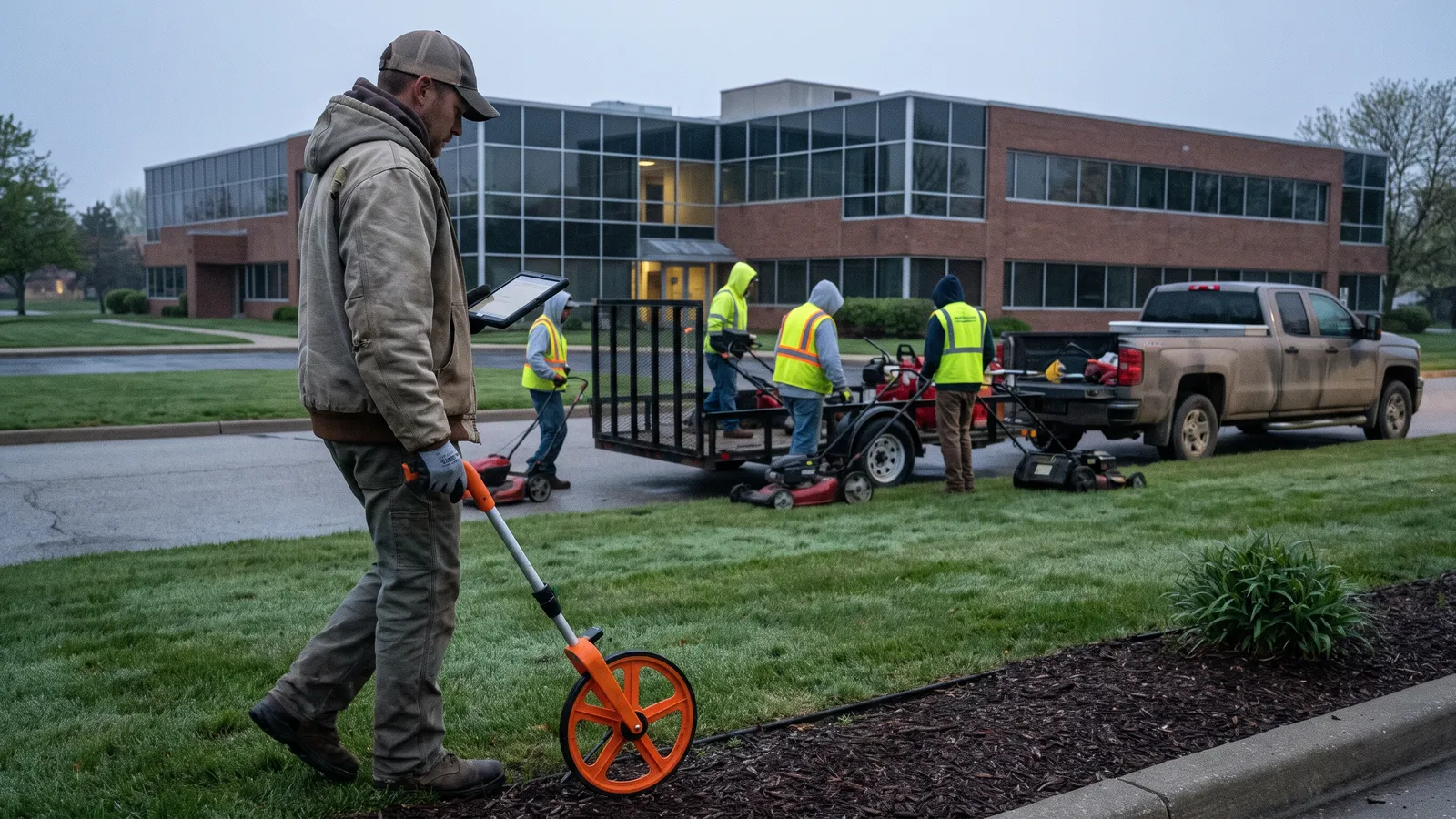 Landscaping estimator measuring a commercial property's lawn while a crew trailer waits at the curb