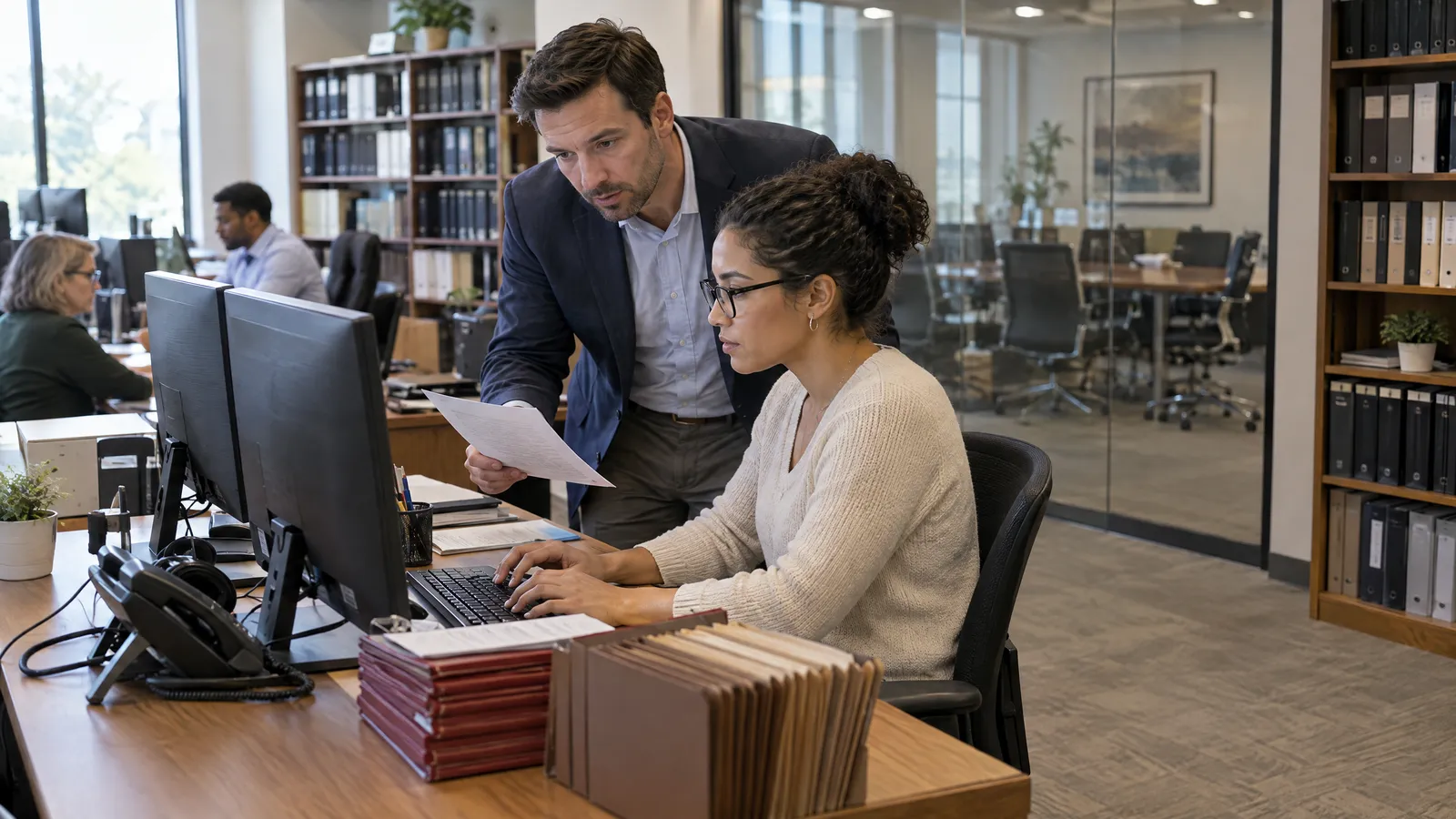 A paralegal at a dual-monitor desk typing notes while an attorney leans in holding a printed letter