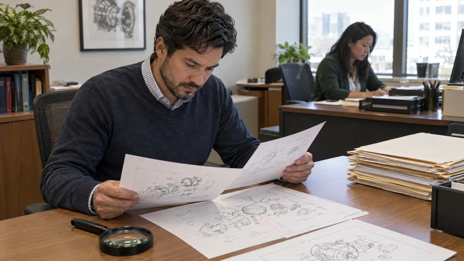 A patent agent at a desk comparing a printed mechanical line drawing with a marked-up draft, a docketing specialist at a