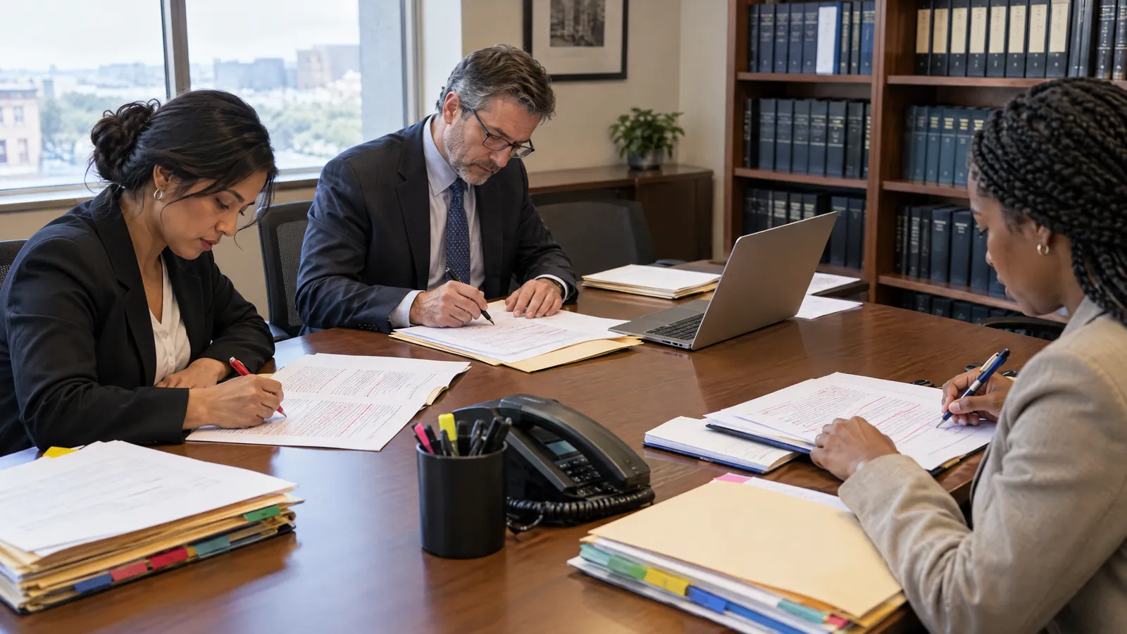 Two attorneys and a paralegal at a table marking up a printed draft with pens, a laptop open but angled away