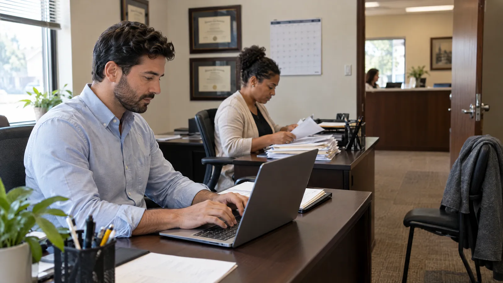 An attorney at a laptop typing a reply while a legal assistant at the next desk sorts a stack of intake paperwork