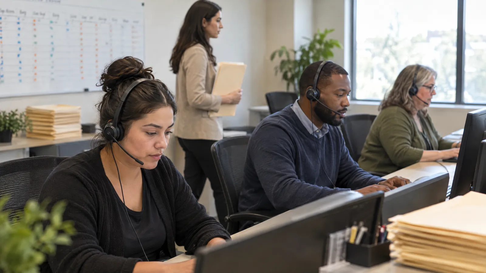 Three intake specialists on headsets typing notes at desks while a case manager walks past with a folder