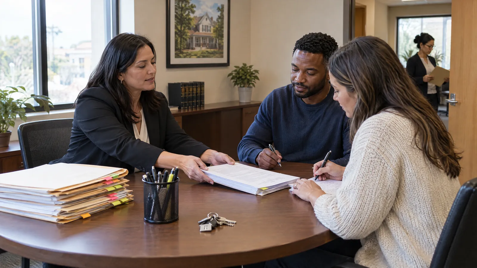 A closing attorney sliding a stack of documents across a round table to a couple signing, a closing processor in the