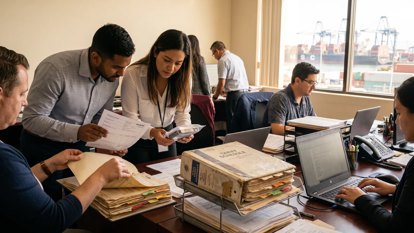 Entry writers comparing a commercial invoice with a product sample at a customs brokerage desk