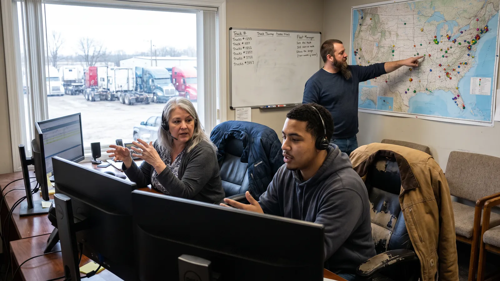 Trucking dispatchers planning loads at a wall map in a carrier's dispatch office