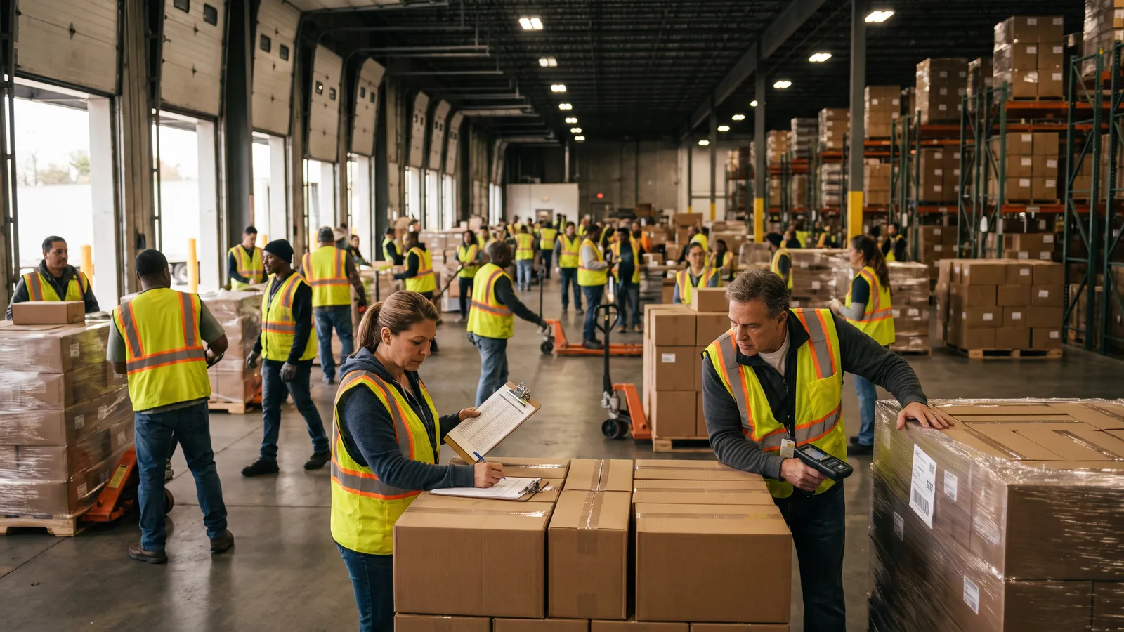 Warehouse inventory lead checking a receiving discrepancy against cartons on a dock